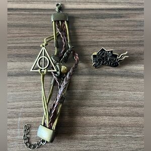 Harry Potter Snitch Owl Deathly Hallows Bracelet & Magic Pin Combo